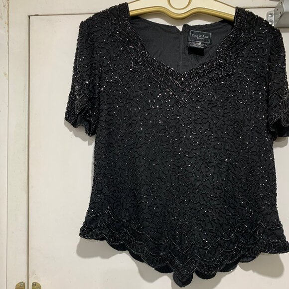VINTAGE COTE d' AZUR SILK BEADED WAIST LENGTH SHORT SLEEVE BLOUSES SIZE L - Picture 4 of 8